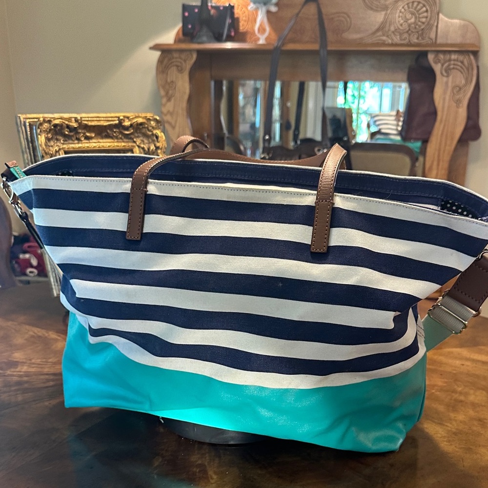 Striped Blue and White Tote Bag with Brown Accents